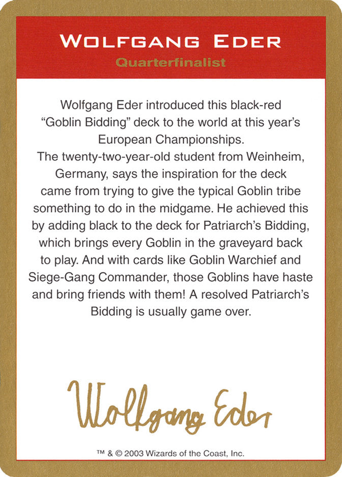 Wolfgang Eder Bio [World Championship Decks 2003] | Gate City Games LLC