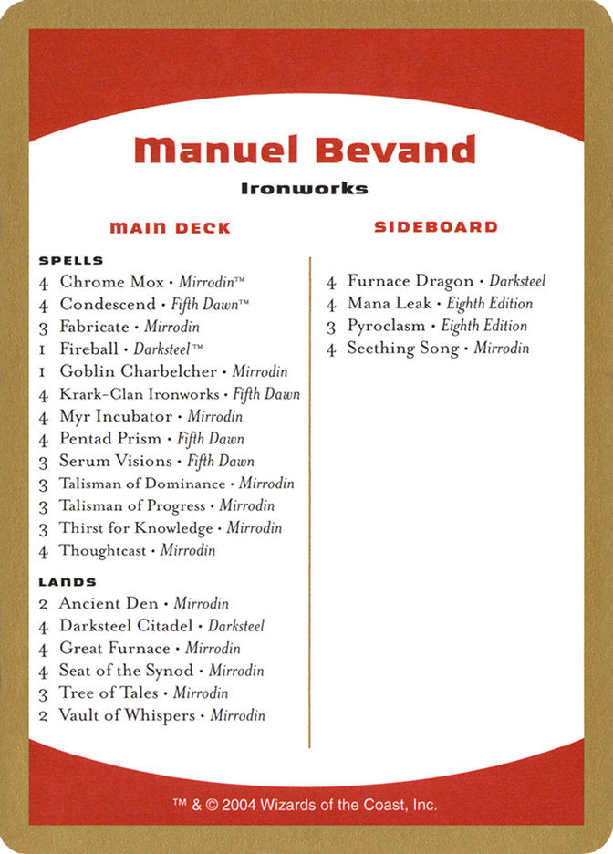 Manuel Bevand Decklist [World Championship Decks 2004] | Gate City Games LLC