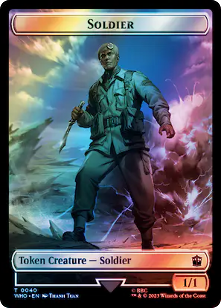 Soldier // Dinosaur Double-Sided Token (Surge Foil) [Doctor Who Tokens] | Gate City Games LLC