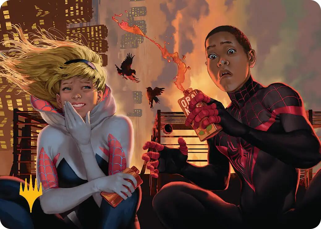 Heroes' Hangout Art Card (Gold-Stamped Planeswalker Symbol) [Marvel's Spider-Man Art Series] | Gate City Games LLC