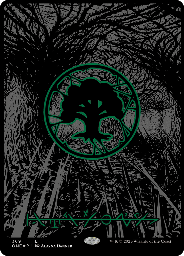 Forest (369) (Oil Slick Raised Foil) [Phyrexia: All Will Be One] | Gate City Games LLC