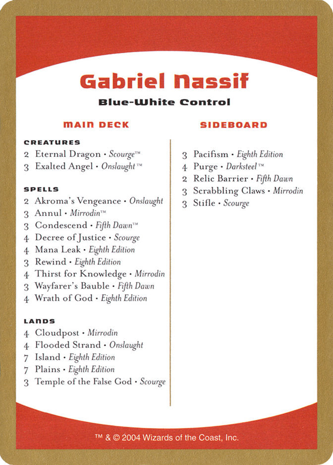 Gabriel Nassif Decklist [World Championship Decks 2004] | Gate City Games LLC