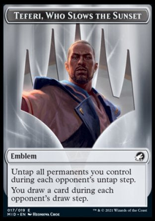Human // Teferi, Who Slows the Sunset Emblem Double-Sided Token [Innistrad: Midnight Hunt Tokens] | Gate City Games LLC