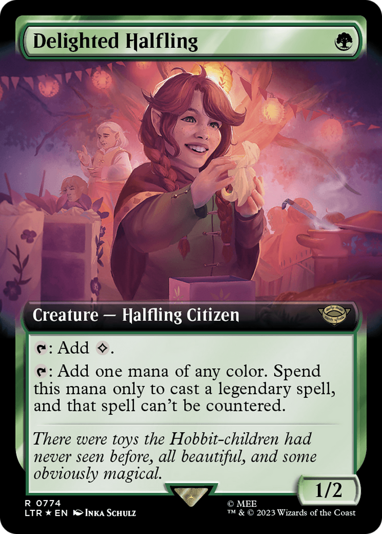 Delighted Halfling (Extended Art) (Surge Foil) [The Lord of the Rings: Tales of Middle-Earth] | Gate City Games LLC