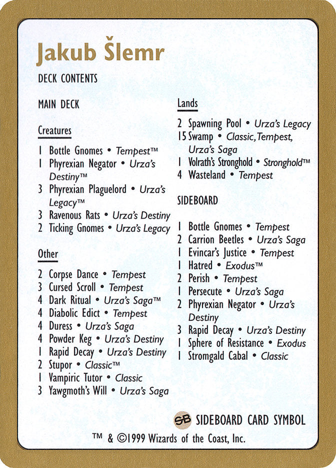 Jakub Slemr Decklist [World Championship Decks 1999] | Gate City Games LLC