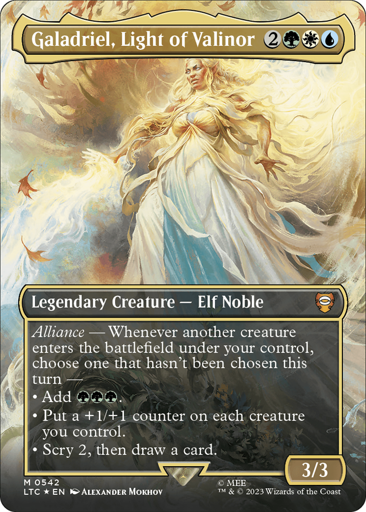 Galadriel, Light of Valinor (Borderless) (Surge Foil) [The Lord of the Rings: Tales of Middle-Earth Commander] | Gate City Games LLC