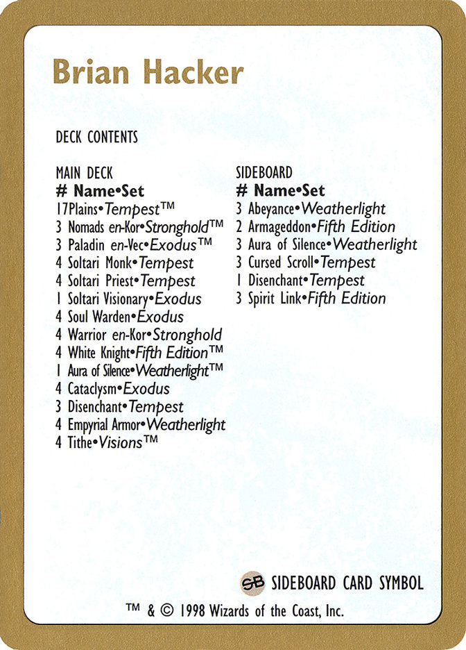 Brian Hacker Decklist [World Championship Decks 1998] | Gate City Games LLC