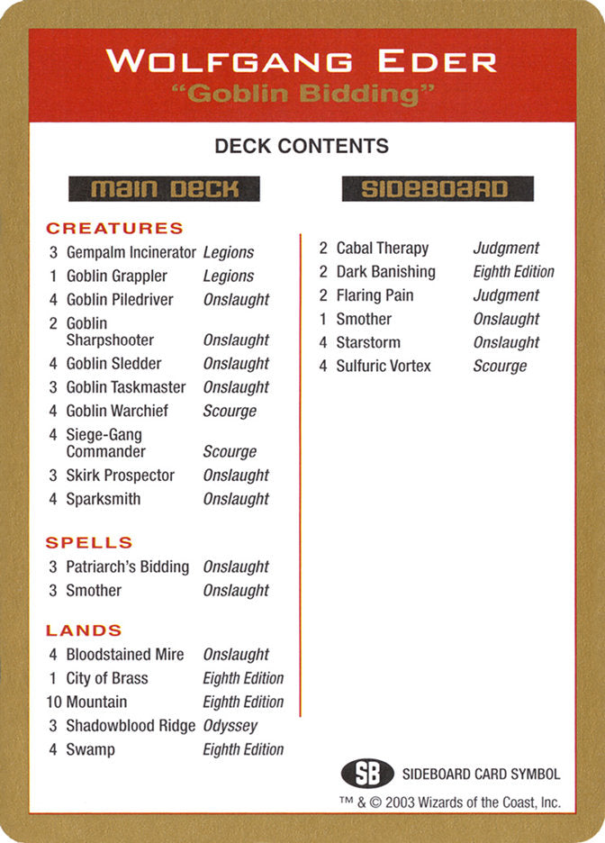 Wolfgang Eder Decklist [World Championship Decks 2003] | Gate City Games LLC