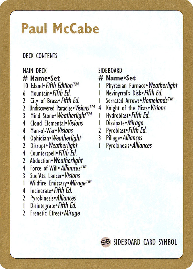 Paul McCabe Decklist [World Championship Decks 1997] | Gate City Games LLC