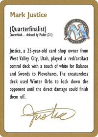 1996 Mark Justice Biography Card [World Championship Decks] | Gate City Games LLC