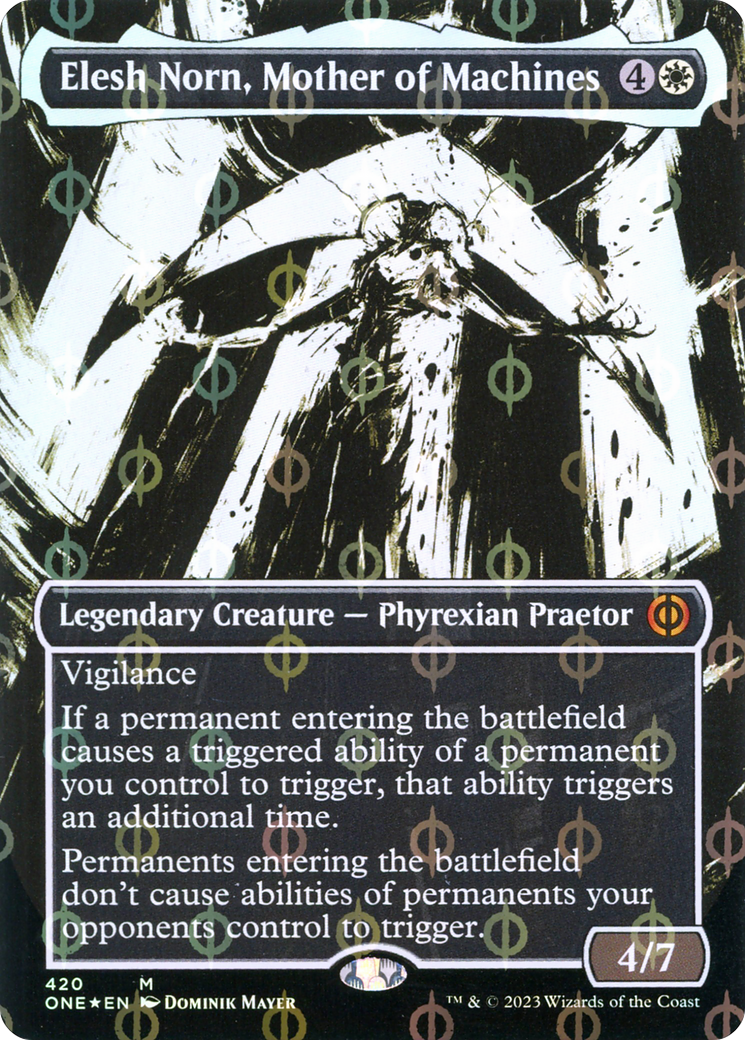 Elesh Norn, Mother of Machines (Borderless Ichor Step-and-Compleat Foil) [Phyrexia: All Will Be One] | Gate City Games LLC