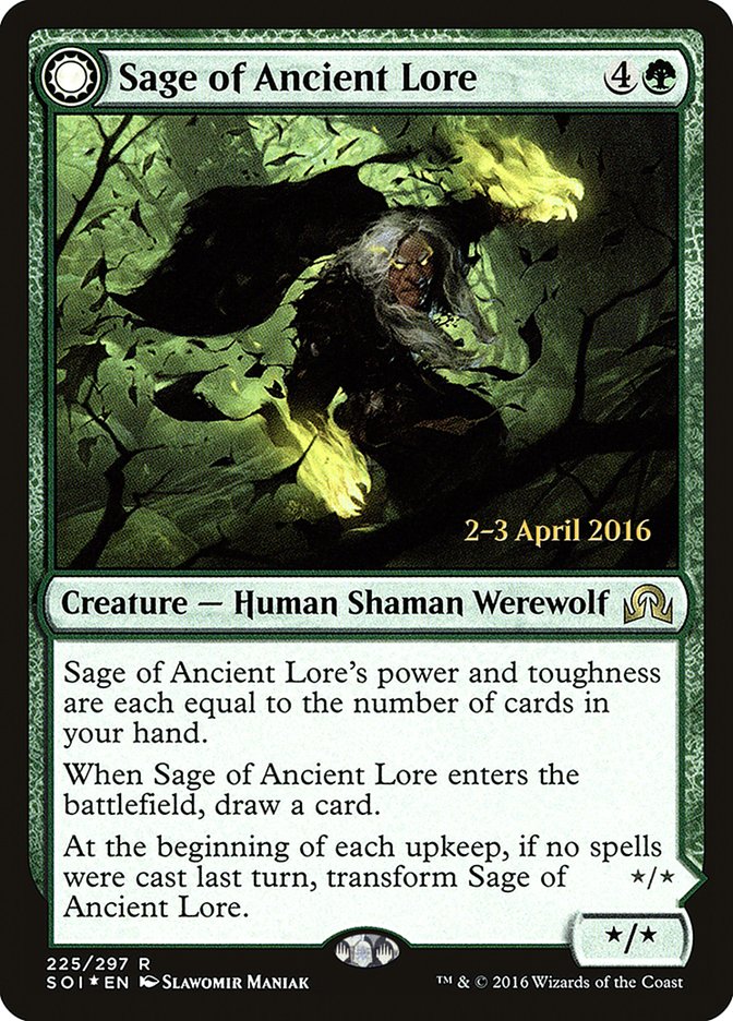 Sage of Ancient Lore // Werewolf of Ancient Hunger [Shadows over Innistrad Prerelease Promos] | Gate City Games LLC