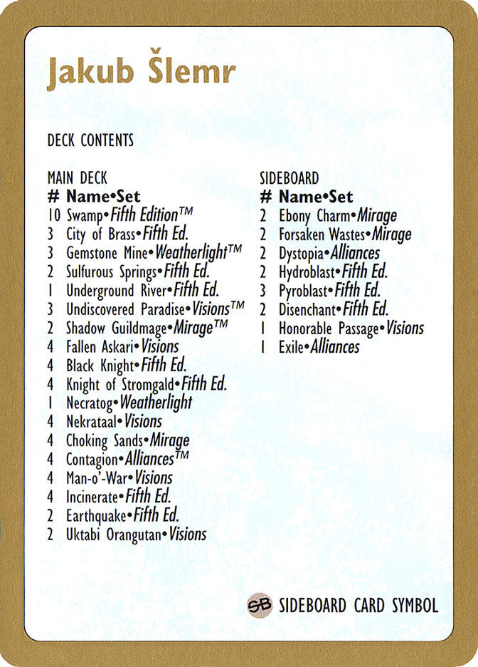 Jakub Šlemr Decklist [World Championship Decks 1997] | Gate City Games LLC