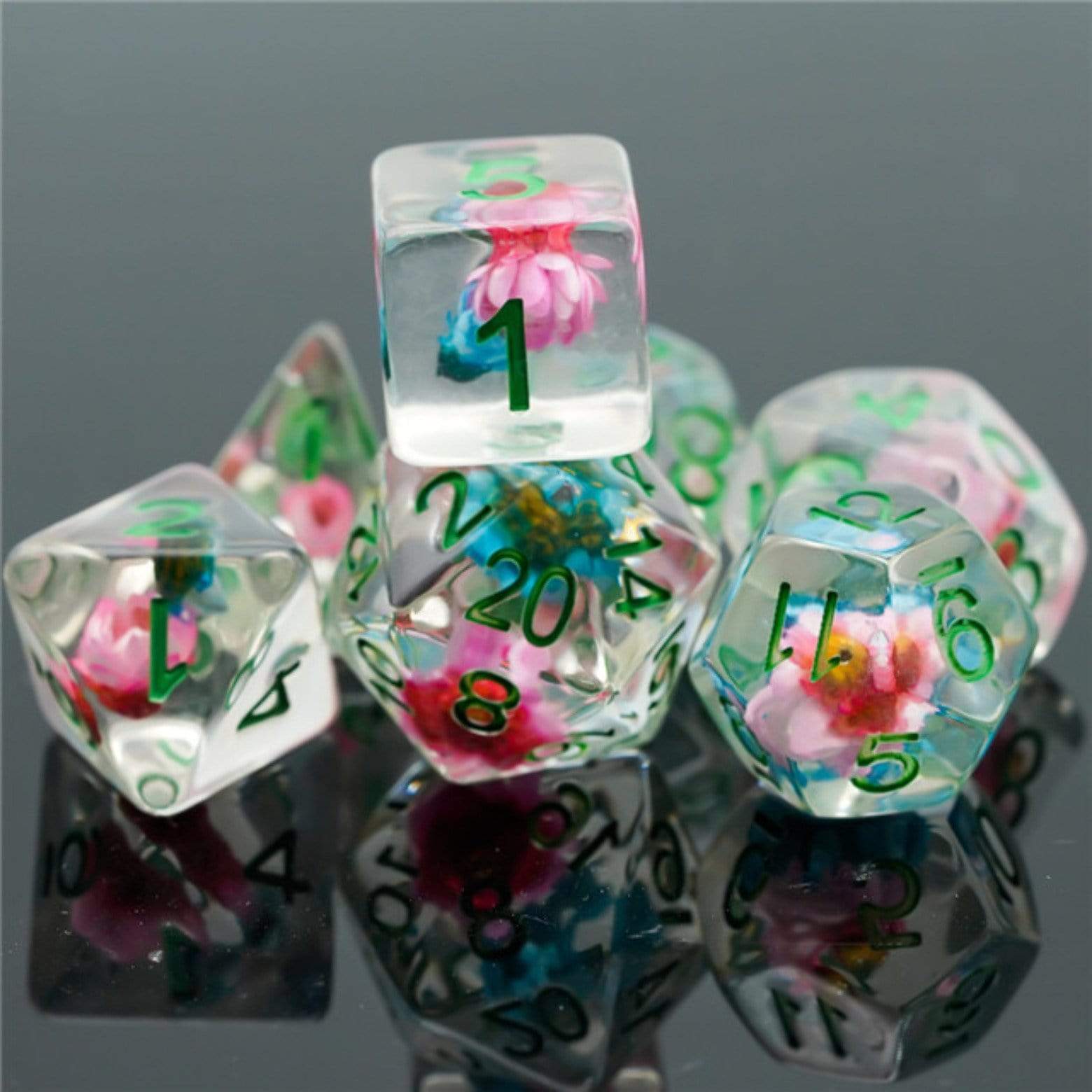 Blue and Pink Star Flower RPG Dice Set | Gate City Games LLC