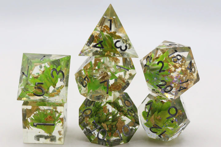 SHARP EDGE RESIN RPG DICE SET - GREEN LOTUS | Gate City Games LLC