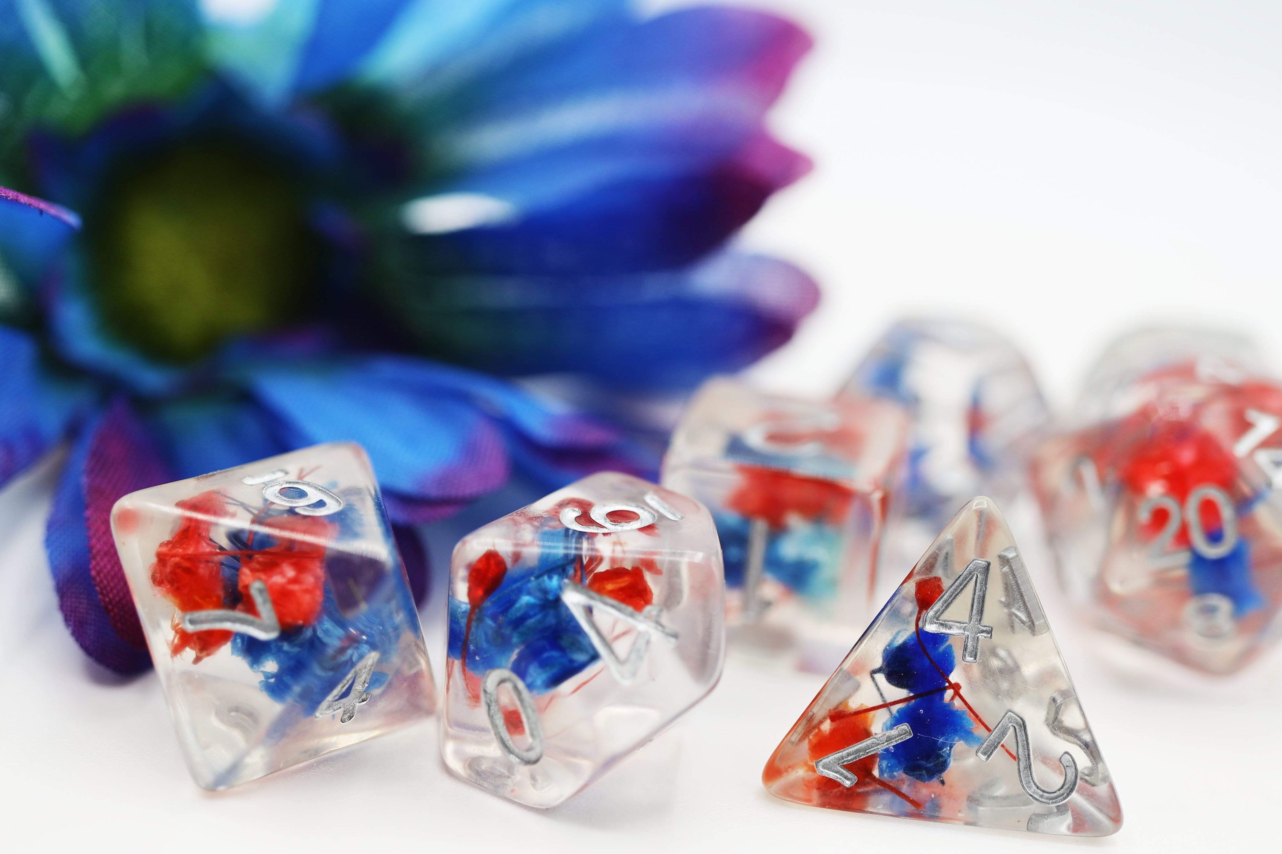 Red & Blue Flower RPG Dice Set | Gate City Games LLC