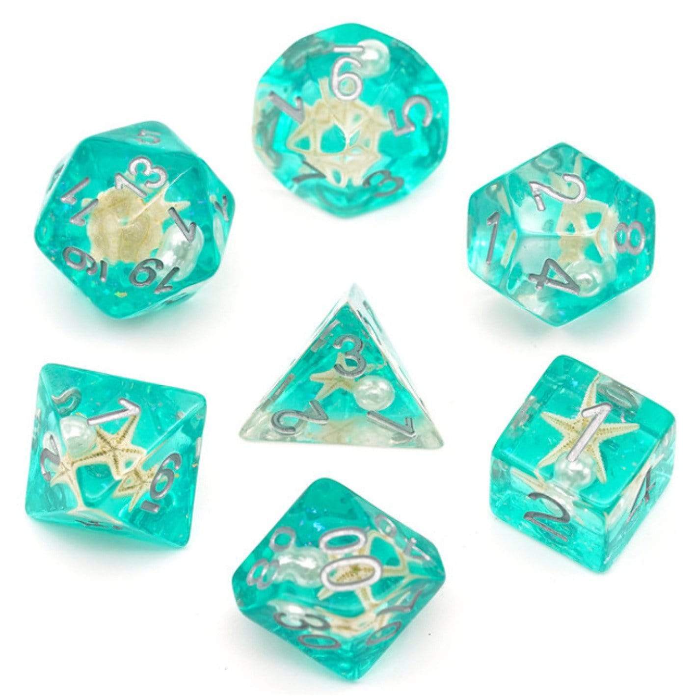 Green Glitter w/ Starfish and Pearl RPG Dice Set | Gate City Games LLC