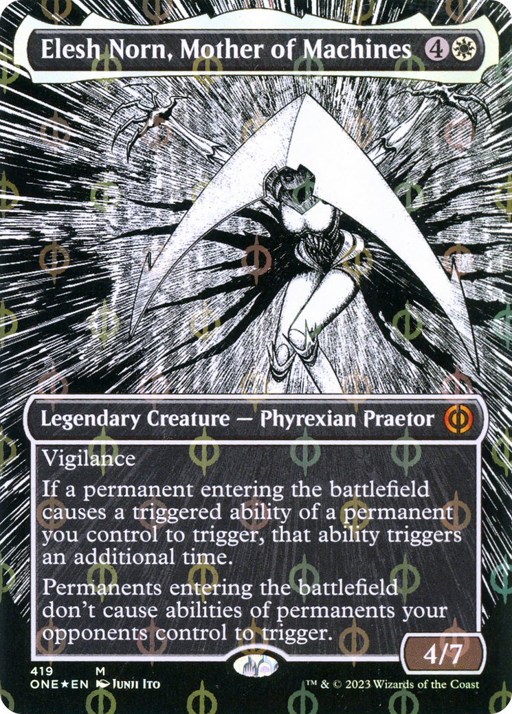 Elesh Norn, Mother of Machines (Borderless Manga Step-and-Compleat Foil) [Phyrexia: All Will Be One] | Gate City Games LLC