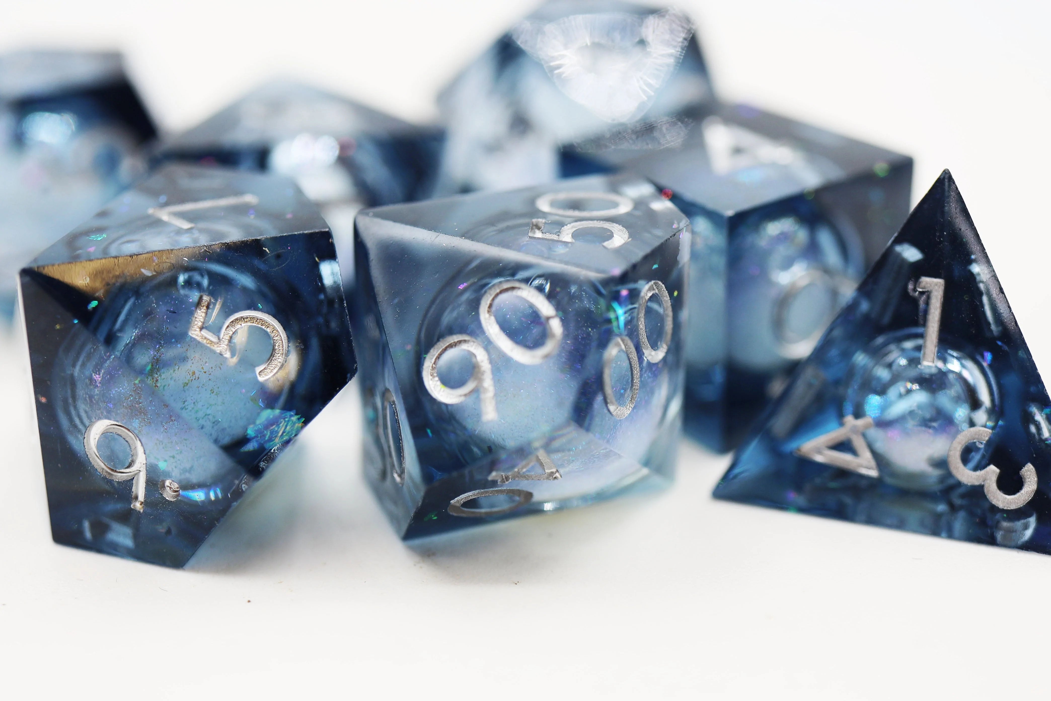 Blue Liquid Core Sharp Edge Resin RPG Dice Set | Gate City Games LLC