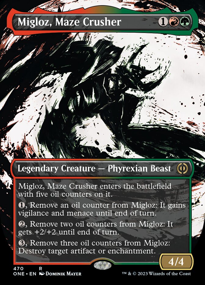 Migloz, Maze Crusher (Borderless Ichor Step-and-Compleat Foil) [Phyrexia: All Will Be One] | Gate City Games LLC